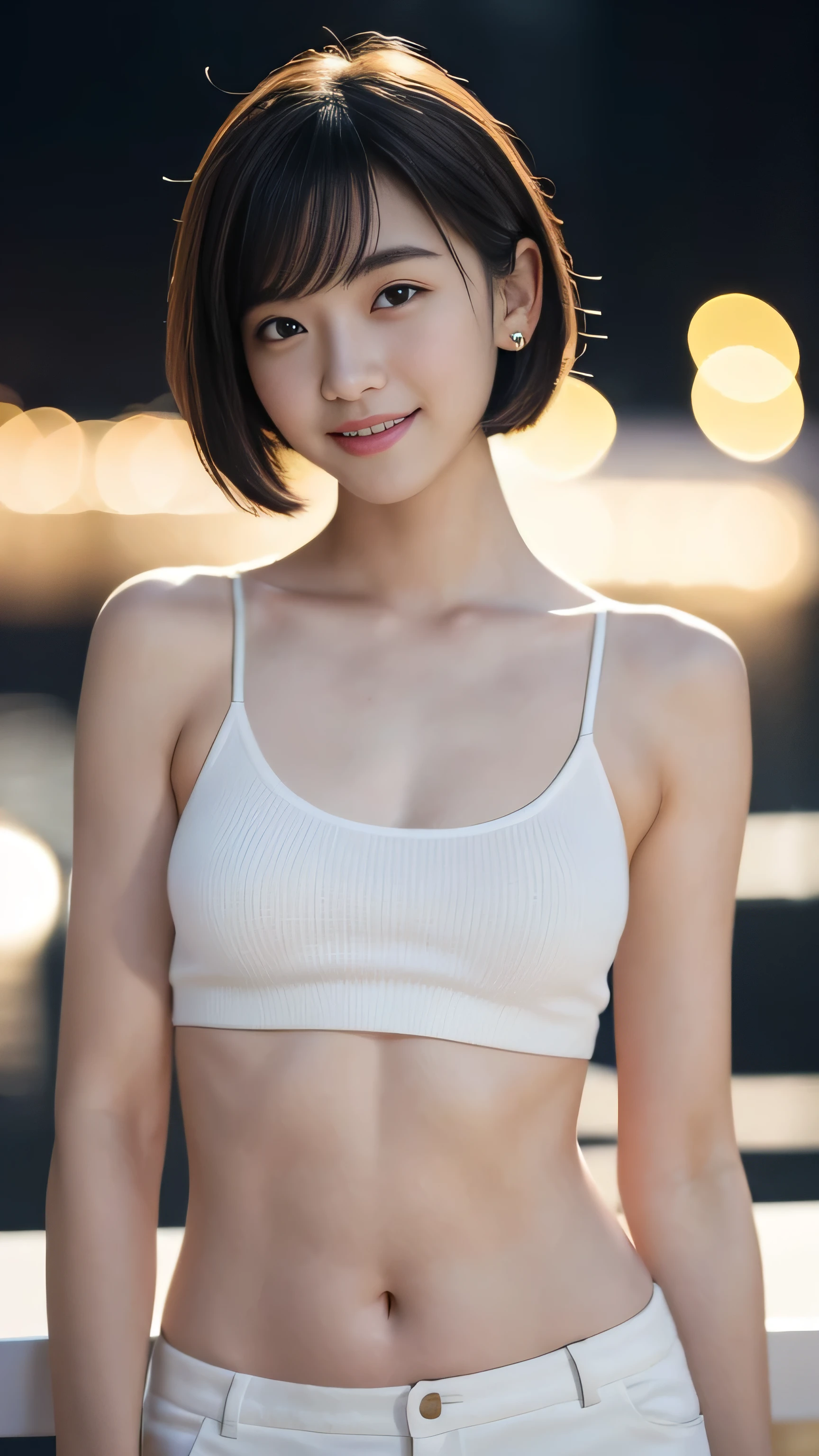 最high quality, On the table, high resolution,18 years old wearing white Camisole, 1 girl,Very beautiful face,(Ultra-high-definition images,An extremely beautiful face)(White Camisole)Hair accessories,, Gemstones and diamonds,Practical, New York at night、Blurred Background、,Full body image,(HD Skin:1.2),Smiling and looking at camera,Full body image 8K UHD, digital SLR camera, in soft bright sunlight,high quality, Volumetric Lighting, Frank, photo, high resolution,Full body image,4K、Japanese University Students、A meticulous smile、Stand Up Straight、((((Upper body photo)))),one person,short hair style、Camisole