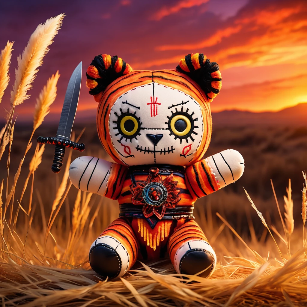 (knitted toy voodoo doll:1.9), (Voodoo Tiger Sunset Warrior:1.1), (Clothing: fiery tunic with sunset hues:1.0), (Accessories: enchanted sword emitting fiery glow, levitating ember fragments:1.1), (background: savannah at sunset with golden grass, floating embers, and a fiery sky:1.2), best quality, masterpiece, detailed soft oil painting, detailed background, dramatic cinematic lighting, soft edge lighting, professional, dramatic lighting, hard edge lighting, ultra quality, 4k, masterpiece, best quality, 8k, ultra high definition, high resolution, extremely detailed