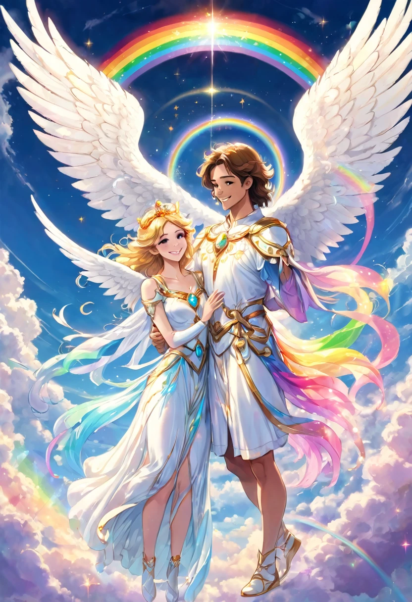Beautiful male angel and beautiful female angel wrapped in rainbow light, princess and prince, white wings, integration, smile, white clouds