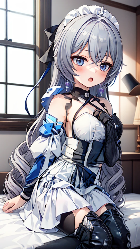 masterpiece, best quality, perfectfeatures, Intricate details, Ray Tracing, illustration,1 Girl, Bronya Zajczyk, Solitary, maid, maid headdress, maid apron, A faint smile, Pantyhose, open mouth, blush, Open your mouth, Looking at the audience, bedroom, indoors, Depth of Field ,