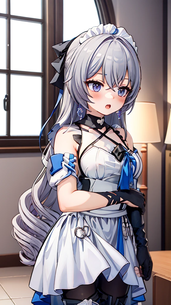 masterpiece, best quality, perfectfeatures, Intricate details, Ray Tracing, illustration,1 Girl, Bronya Zajczyk, Solitary, maid, maid headdress, maid apron, A faint smile, Pantyhose, open mouth, blush, Open your mouth, Looking at the audience, bedroom, indoors, Depth of Field ,