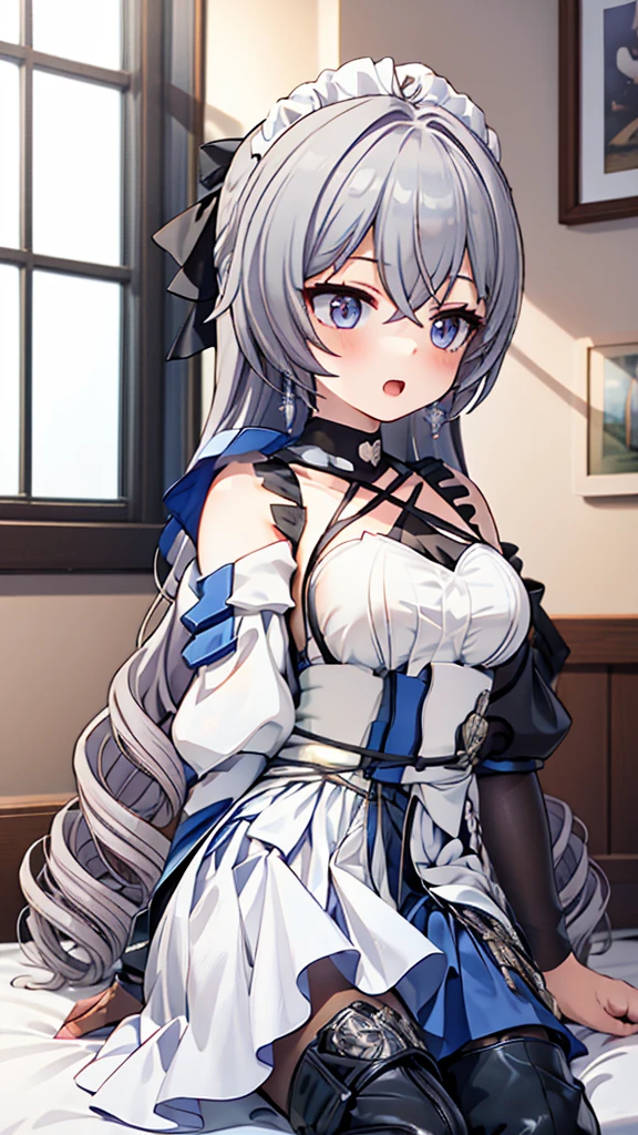 masterpiece, best quality, perfectfeatures, Intricate details, Ray Tracing, illustration,1 Girl, Bronya Zajczyk, Solitary, maid, maid headdress, maid apron, A faint smile, Pantyhose, open mouth, blush, Open your mouth, Looking at the audience, bedroom, indoors, Depth of Field ,  