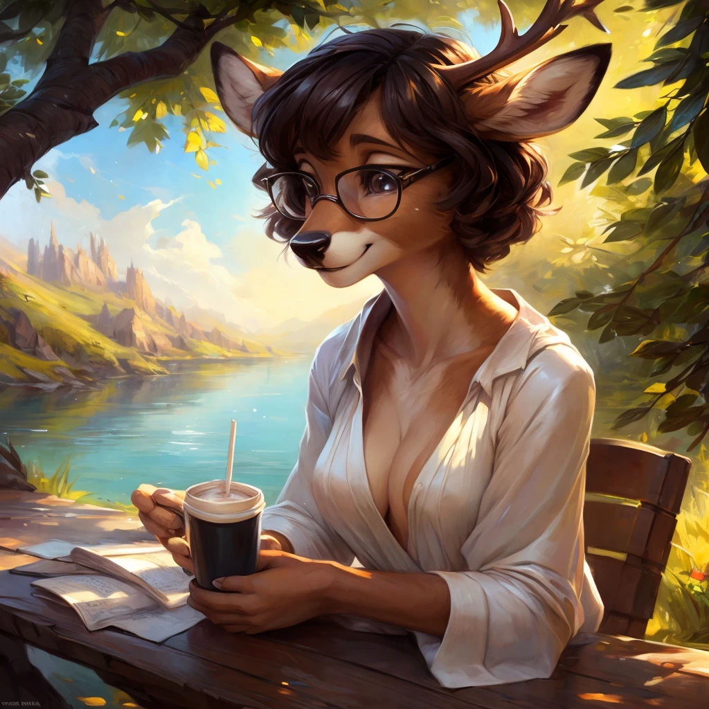 uploaded on e621, by Pixelsketcher, by Bayard Wu, by Thomas Benjamin Kennington , by Einshelm, by hioshiru and kenket, Chunie, portrait, solo anthro female deer doe, tiny featureless breasts, tiny breasts, clear dark blue, cinematic lighting, day, sunny day, sitting outside at a café, café background, french background, old french background, shiny, short curly dark brown hair, short hair, wears big black nerd glasses, very very beautiful furry art, furry art, thoughtful, shiny, feminine, cute face, muzzle, fluffy chest, flawless face, Fallow deer, 1girl, Sakimichan is beautiful, Masterpiece, Wavethesallow Face, shiny, Detailed image, portrait, Detailed image, portrait, wears pure white wide, big blouse, wears beige summer straw hat, shiny, realistic face, perfect anatomy, hourglass body, anthropomorphic deer, happy, very happy, small ears, huge black nerd glasses, wide happy eyes, look at viewer, smiles, big smile, holds with both hands a cup of coffee, hourglass body, (furry body:1.1), anthropomorphic deer, small fluffy tail, detailed background, (cute anatomy:1.1), looks into the distance