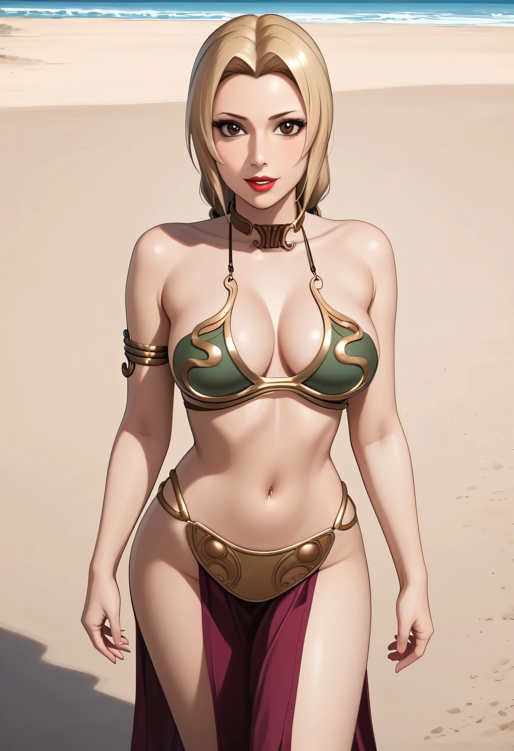 score_9_up, score_8_up, score_7_up, 1girl, solo, mature female, Tsunade, looking at viewer, blonde long tied hair, brown eyes, small purple rhombus on forehead, red lips, parted lips, fit slim body, perfect medium erected breast, (((slave Leia outfit))), (((sand beach))), perfect model body, naughty smile, standing in seductive pose  