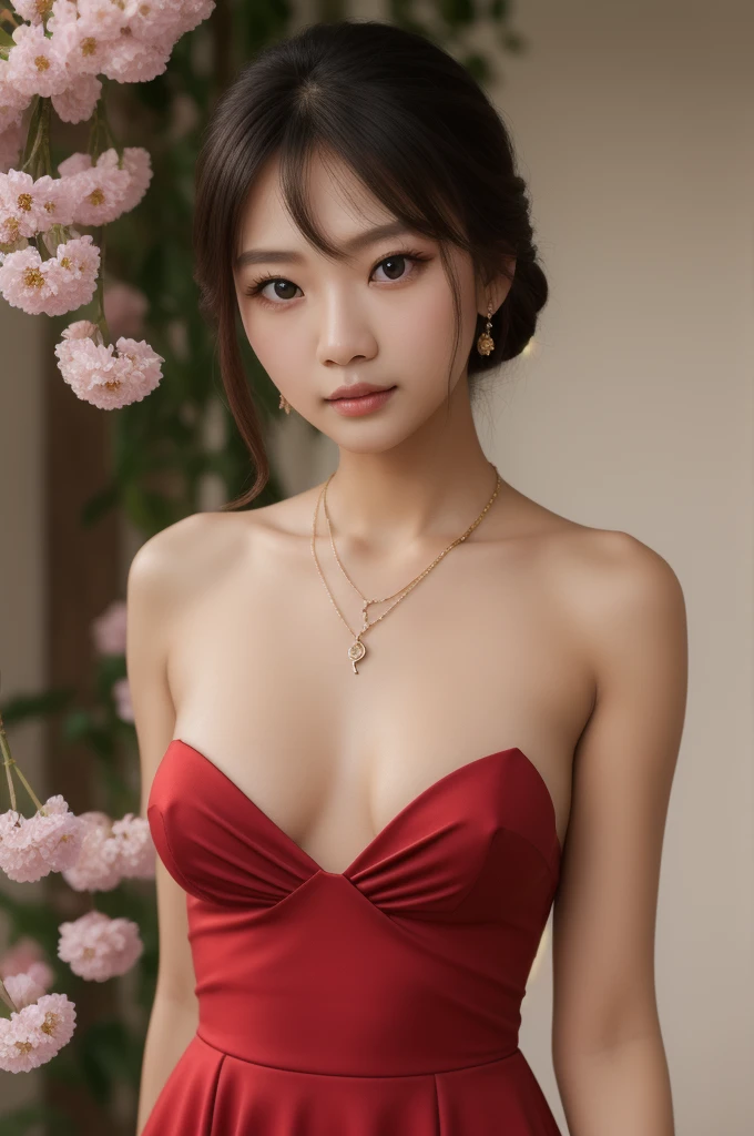 1 girl, decorations, moon, bracelet, full_moon, alone, have, brown_eyes, red dress, necklace, lips,red dress,วอลล์เปเปอร์ CG unity 8k ที่haveรายละเอียดมาก,Masterpiece, best quality, haveรายละเอียดมาก, beautiful detailed eyes:1.2,best lighting, (best shadow, Delicate and extremely beautiful, in full bloom)..