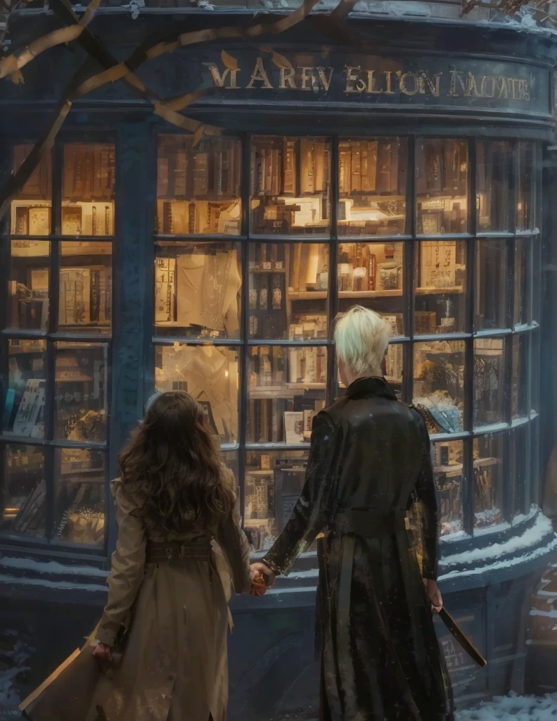 illustration of Hermione Granger in a coat standing next to Draco Malfoy in a dark coat, looking into a brightly lit beautiful store window, holding hands, late autumn, leaves flying, atmosphere of sadness, blue, cyan, cyan, warm light of the shop window, backlight
8k art photography, character portrait, composition, confident soft impressionist, perfect composition, delicate face, energetic strokes, facial details, fantastic face, framing, golden ratio, highly detailed, hyperdetalized digital painting, insanely detailed, complex, masterpiece, genuine leather, perfect composition, perfect face, photorealistic concept art, photorealistic, soft natural volumetric cinematic ideal light, staged visualization of characters, ultra-high quality model, ultra-high quality model
