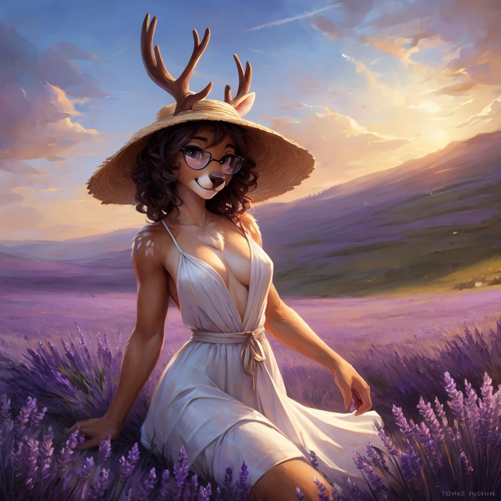 uploaded on e621, by Pixelsketcher, by Bayard Wu, by Thomas Benjamin Kennington , by Einshelm, by hioshiru and kenket, Chunie, portrait, solo anthro female deer doe, with small featureless breasts, clear dark blue, cinematic lighting, day, sunny day, lavender field, stays in a lavender field, lavender field background, mediterranean background, horizon background, shiny, short curly dark brown hair, wears big black nerd glasses, very very beautiful furry art, furry art, smiling, joyful, shiny, happy, feminine, cute face, muzzle, fluffy chest, flawless face, Fallow deer, 1girl, Sakimichan is beautiful, Masterpiece, Wavethesallow Face, shiny, Detailed image, portrait, Detailed image, portrait, full body, wearing pure white and wide spaghetti straps dress, wearing big and wide beige summer straw hat, shiny, realistic face, perfect anatomy, hourglass body, (furry body:1.1), anthropomorphic deer, looks at the viewer, small fluffy tail, detailed background, (cute anatomy:1.1), stands in a lavender field
