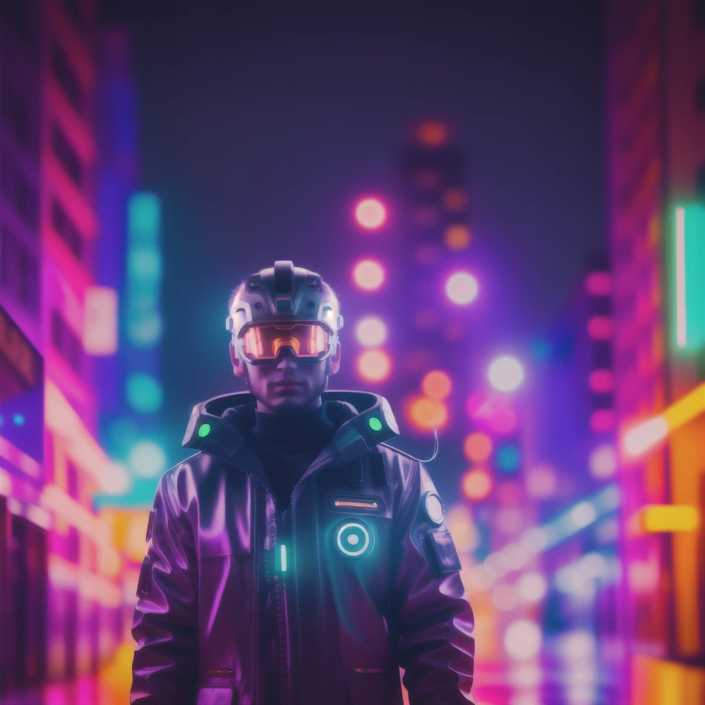 An award winning master piece photo of a cyborg man with psychedelic colors standing in a city street at night in the rain, wearing neon-colored glowing goggles, 8k, (high quality:1.1), (cinematic feeling:1.1), dark deep shadows, incredibly intricate detailing, art , (up close:1.1), from above, looking at viewer, (light sparkles:1.1), (chromatic aberration,:1.2) background with floating light artifacts