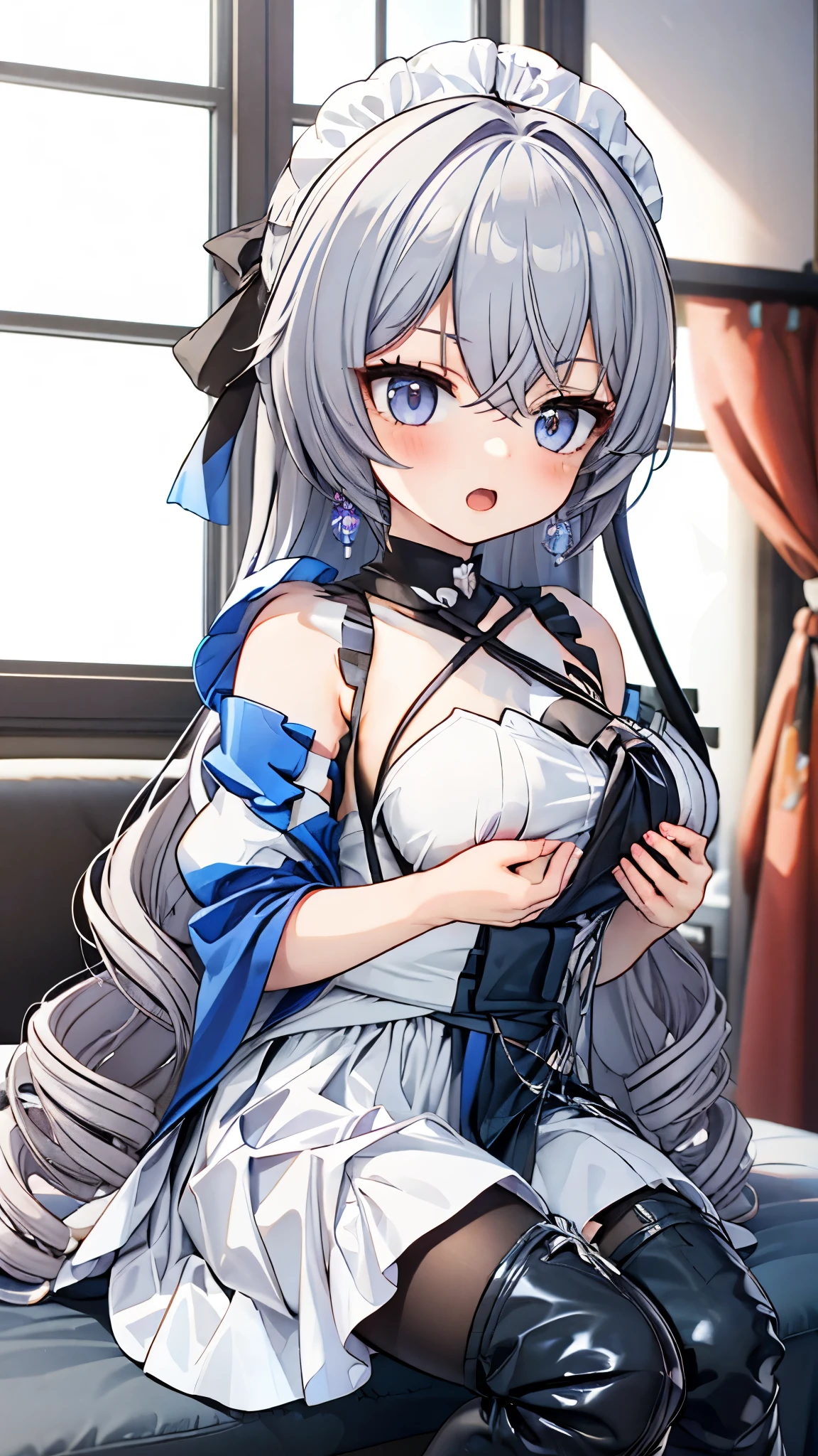 masterpiece, best quality, perfectfeatures, Intricate details, Ray Tracing, illustration,1 Girl, Bronya Zajczyk, Solitary, maid, maid headdress, maid apron, A faint smile, Pantyhose, open mouth, blush, Open your mouth, Looking at the audience, bedroom, indoors, Depth of Field ,