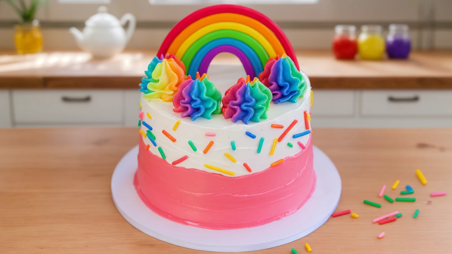 on a wooden table, there is a white plate with cake, white and pink cream cake, Rainbow confectionery powder on the cake, top rainbow gradient cream, polymer clay rainbow,  Confectionery powder is scattered on the table nearby, window in the background, kitchen countertop, jars of dyes, teapot and vase with plants, Beautiful light from the window, beautiful lighting, bright announcement, several light sources, Realistic style, realistic textures, high quality, high detail, detailed texture, ultra 4k hd, macro photography