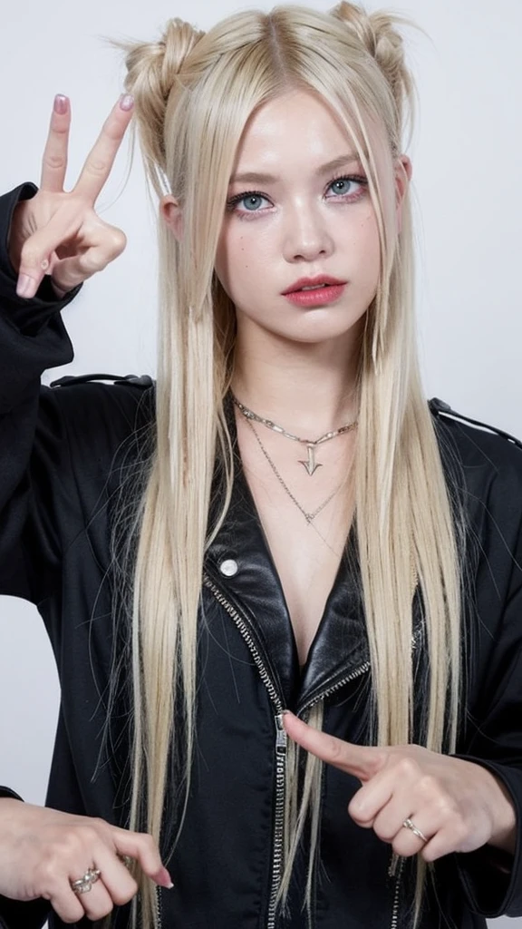 Blonde girl, her hand making the peace gesture with the index and middle fingers raised and separated to form a "V" shape, while the thumb, ring finger, and pinky are folded down. She is in a Mad Max outfit, post-apocalyptic style, with a punk hairstyle, in a Norwegian landscape. Realistic photo, dark and moody.