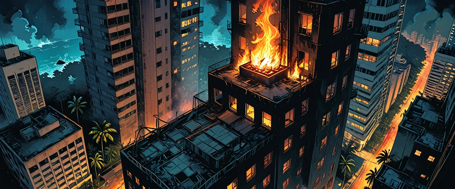 burning first floor lonely skyscraper, fire at the bottom, smoke,
(outside of a skyscraper), night, dark,
the light is only from a 1skyscraper, tropical, top view, palm, ((bird's-eye view)),
skyscraper, (tropical island), ocean, tropical forest, graphic style of novel comics, 2d, 8k, hyperrealism, masterpiece, high resolution, best quality, ultra-detailed, super realistic, Hyperrealistic art, high-quality, ultra high res, highest detailed, lot of details, Extremely high-resolution details, incredibly lifelike, colourful, soft cinematic light,