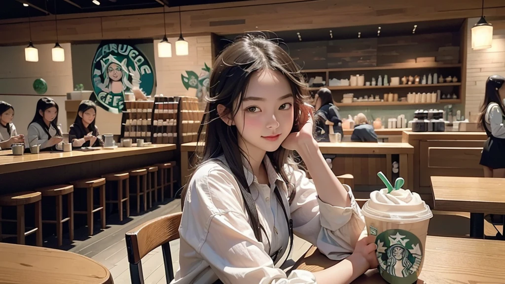 8K、RAW Photos、Highest quality、Super detailed、Super Resolution、Ultra HD、8K壁紙、Amazing details
(((Inside the Starbucks store)))、Woman sitting at a table by the window、、((((Girls' High School Uniforms))))、((Eat cake、Drink coffee、smile))((Emphasize cleavage))