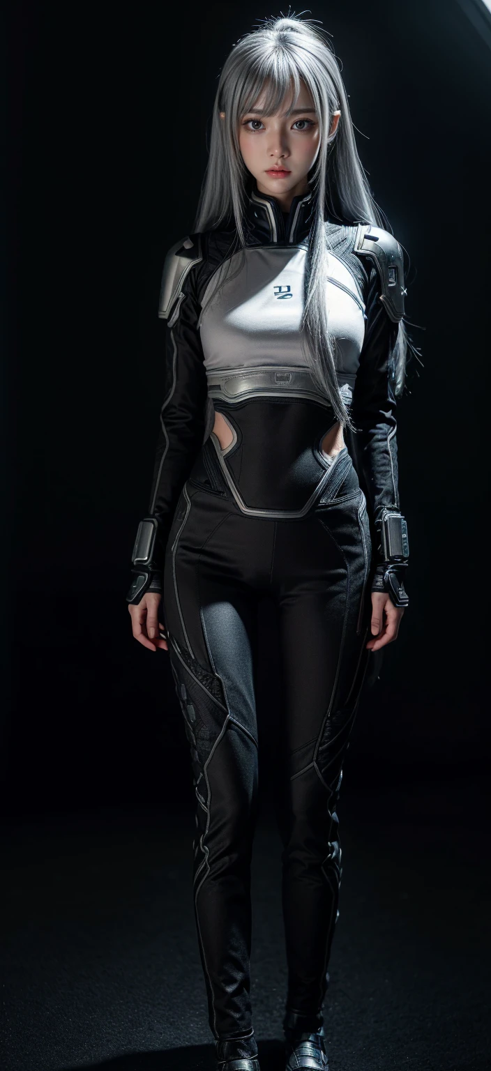 {{Sci-Fi Armor}},cyber suit,cyberpunk,science fiction,cyber battle armor,Battledress,Military Uniforms,pants,black military uniform,whole body,Height: 168cm,almond shape eyes,{{{{{silver eyes}}}}},{{{{{dull bangs}}}}},(slanted eyes},{{whole body},{{{1 girl}}}, long hair, straight hair,{{{{silver hair}}}},{{{tsurime}}},30 years old,{Medium chest},{{bush}},silver eyes,{{{masterpiece}}}, {{{highest quality}}}, {{Super detailed}}, {shape}, {{very delicate and beautiful}},very detailed,detailed perfect,detailed hyper,Abundant thighs,big ass,black clothes