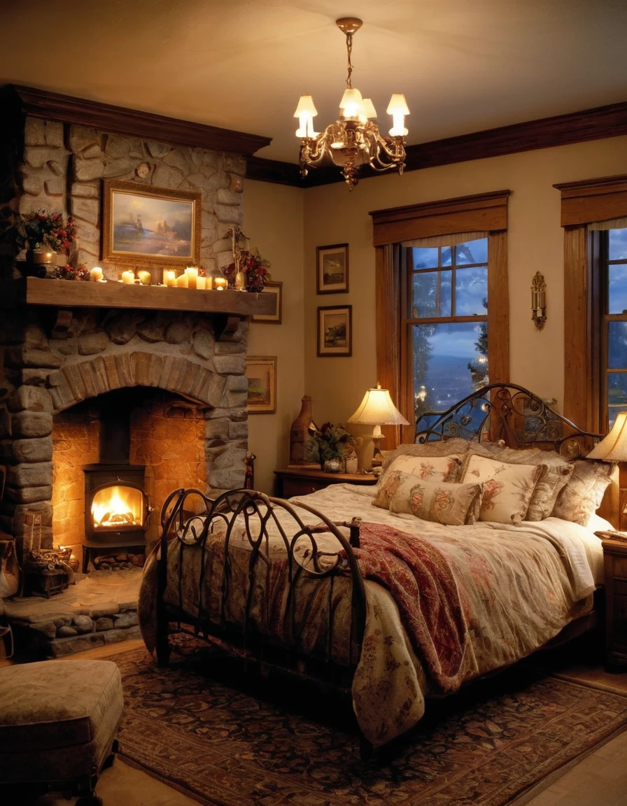 arafed bedroom with a fireplace and a bed with a blanket, thomas kinkade. cute cozy room, cozy and calm, cozy setting, very cozy, cozy wallpaper, cozy room, cozy place, cozy and peaceful atmosphere, cosy enchanted scene, cozy candlelight, cozy environment, cozy bed, soothing and cozy landscape, cozy atmosphere, cosy fireplace