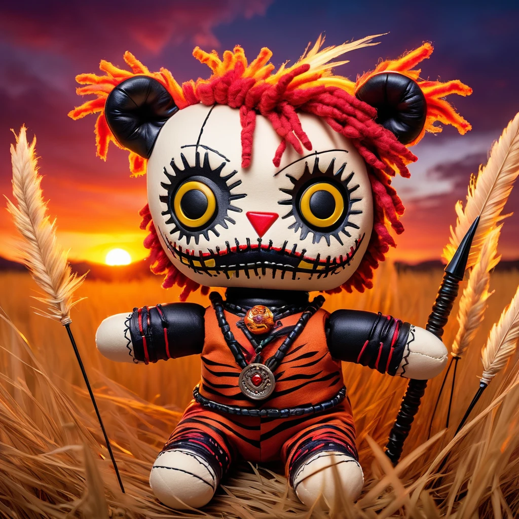 (knitted toy voodoo doll:1.8), (Voodoo Tiger Sunset Warrior:1.0), (Clothing: fiery tunic with sunset hues:1.0), (Accessories: enchanted sword emitting fiery glow, levitating ember fragments:1.1), (background: savannah at sunset with golden grass, floating embers, and a fiery sky:1.2), best quality, masterpiece, detailed soft oil painting, detailed background, dramatic cinematic lighting, soft edge lighting, professional, dramatic lighting, hard edge lighting, ultra quality, 4k, masterpiece, best quality, 8k, ultra high definition, high resolution, extremely detailed