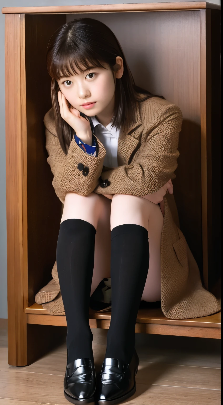 finest, masterpiece, High resolution, (Full body view from head to toe), Composition from slightly below the front, Symmetrical, 18 years old, slim and beautiful girl, alone, (small breasts), (not wearing shoes),Unkempt brown hair, bangs, (black tights), (black pantyhose), tied up with both arms hidden behind the back, , blush, shy big eyes, looking at camera, blazer uniform, plaid pleated skirt、Panties around ankles、Black knee-high socks