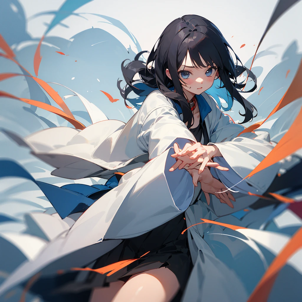 Girl、Black Hair、thin、white collar、one piece、cute、Thin lines、Hands are hidden。Moe sleeves