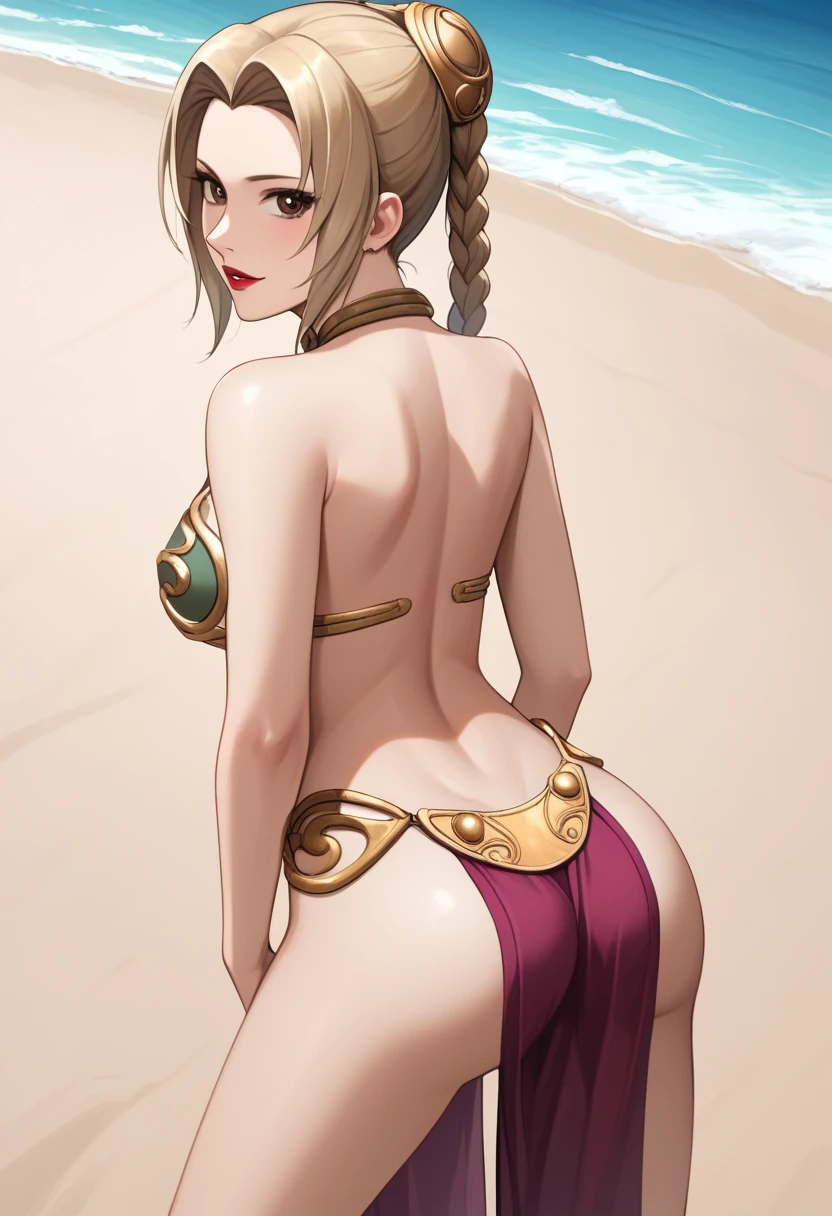 score_9_up, score_8_up, score_7_up, 1girl, solo, mature female, Tsunade, looking at viewer, blonde long tied hair, brown eyes, ((small purple rhombus on forehead)), red lips, parted lips, fit slim body, perfect medium erected breast, (((slave Leia outfit))), (((sand beach))), perfect model body, naughty smile, standing and showing her ass, from behind