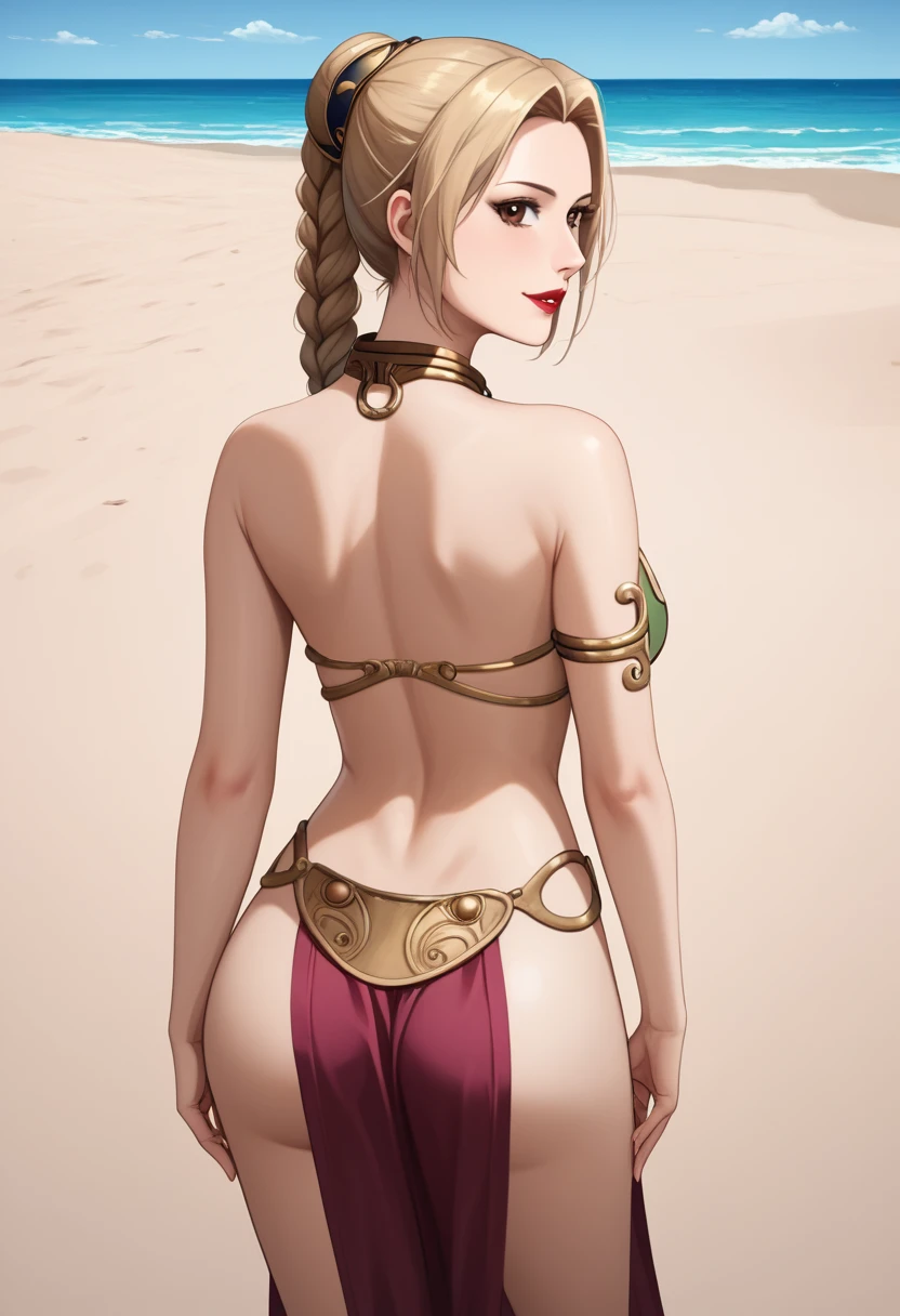 score_9_up, score_8_up, score_7_up, 1girl, solo, mature female, Tsunade, looking at viewer, blonde long tied hair, brown eyes, ((small purple rhombus on forehead)), red lips, parted lips, fit slim body, perfect medium erected breast, (((slave Leia outfit))), (((sand beach))), perfect model body, naughty smile, standing and showing her ass, from behind 