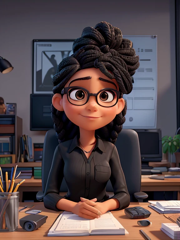 portrait of a woman 3D pixar style, sitting forward at an office desk, with braids, black, black strokes, looking at camera, slight smile on your face, With glasses, large breasts, a black shirt with the volgal "a" in the middle of the shirt, em uma agência de marketing digital chamada aestidia