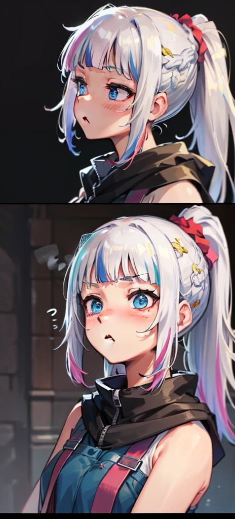 Gura, (standing), blushed, perfect anatomy, detailed eyes, detailed lips, extremely detailed eyes and face, vivid colors, sharp focus, masterpiece:1.2, ultra-detailed, blushed, , sleeveless, ((((ponytail)))),