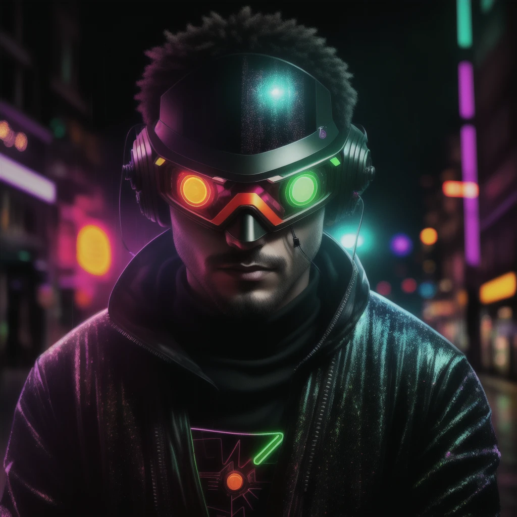 An award winning master piece photo of a cyborg man with psychedelic colors standing in a city street at night in the rain, wearing neon-colored glowing goggles, 8k, (high quality:1.1), (cinematic feeling:1.1), dark deep shadows, incredibly intricate detailing, art , (up close:1.1), from above, looking at viewer, (light sparkles:1.1), (chromatic aberration,:1.2) background with floating light artifacts