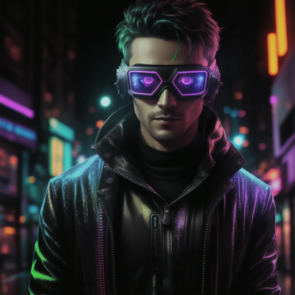 An award winning master piece photo of a cyborg man with psychedelic colors standing in a city street at night in the rain, wearing neon-colored glowing goggles, 8k, (high quality:1.1), (cinematic feeling:1.1), dark deep shadows, incredibly intricate detailing, art , (up close:1.1), from above, looking at viewer, (light sparkles:1.1), (chromatic aberration,:1.2) background with floating light artifacts