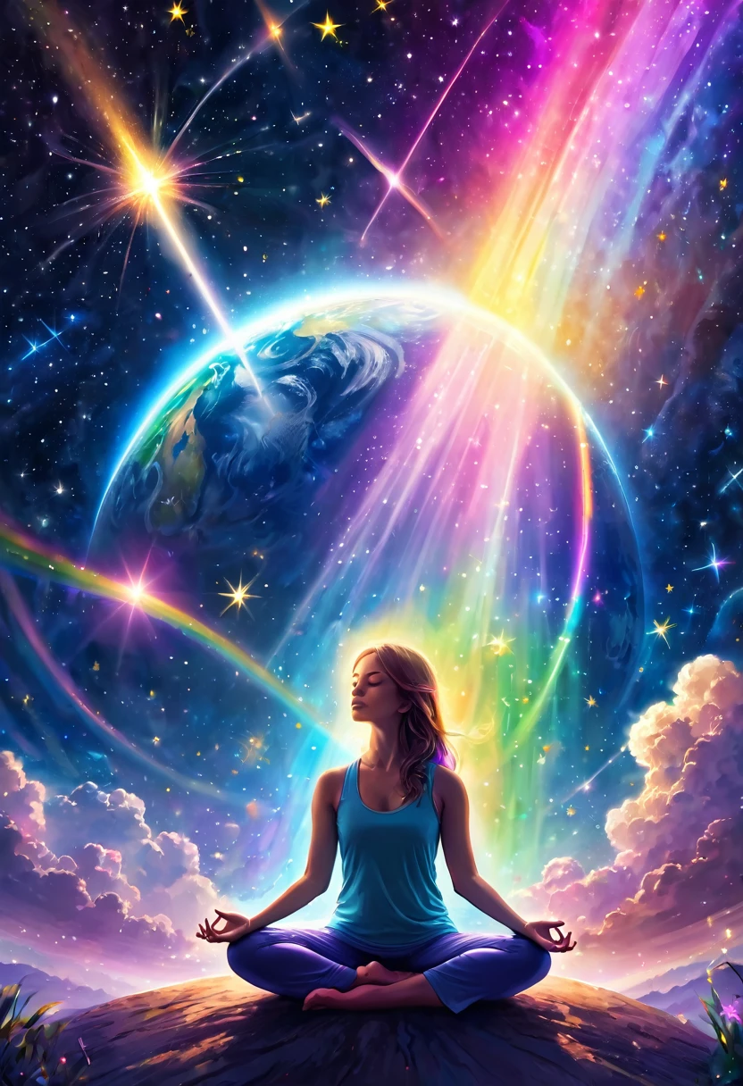 Angel meditating in outer space, yoga, silence, shooting stars, the earth is visible, rainbow colored light illumination