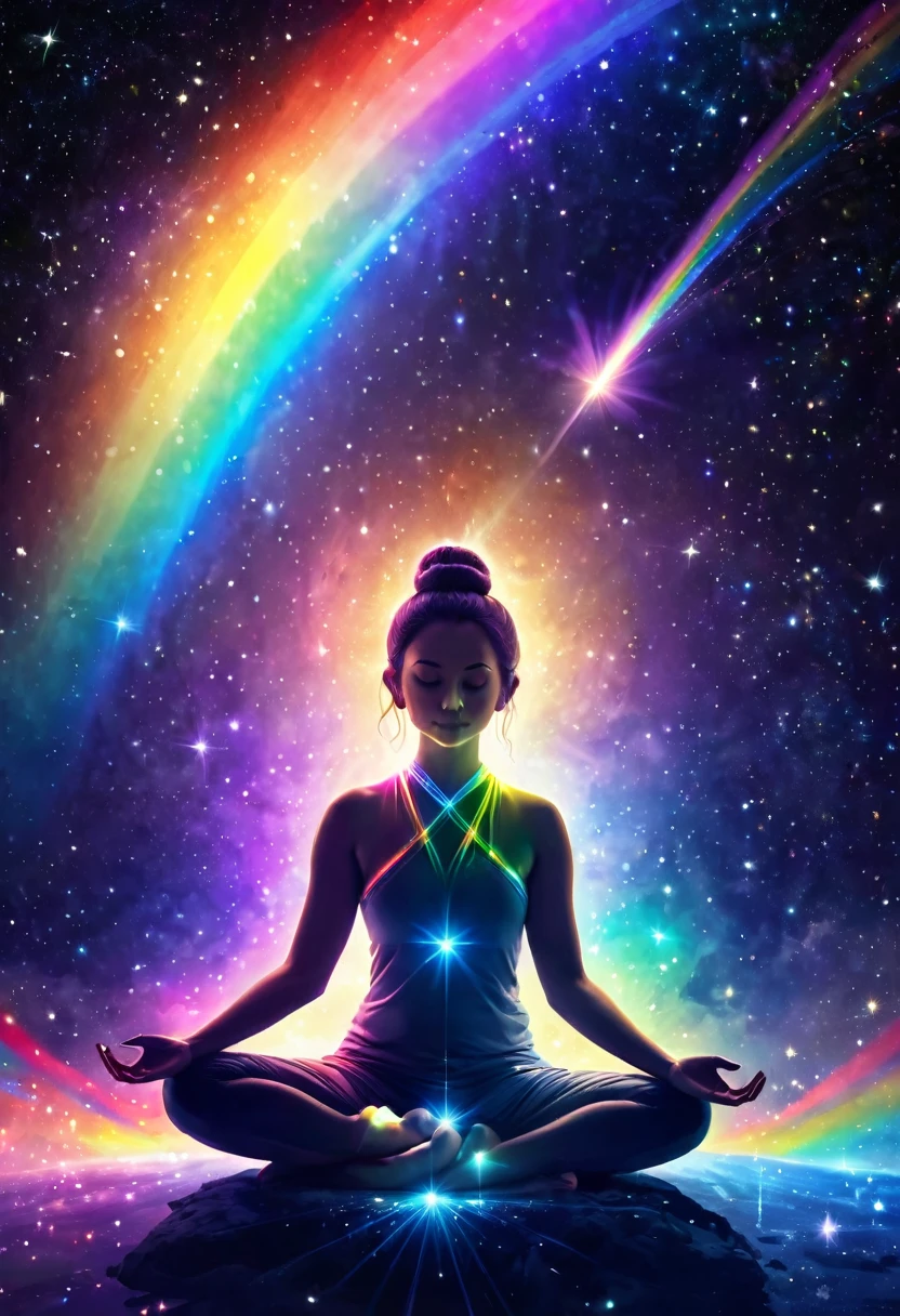 Angel meditating in outer space, yoga, silence, shooting stars, the earth is visible, rainbow colored light illumination