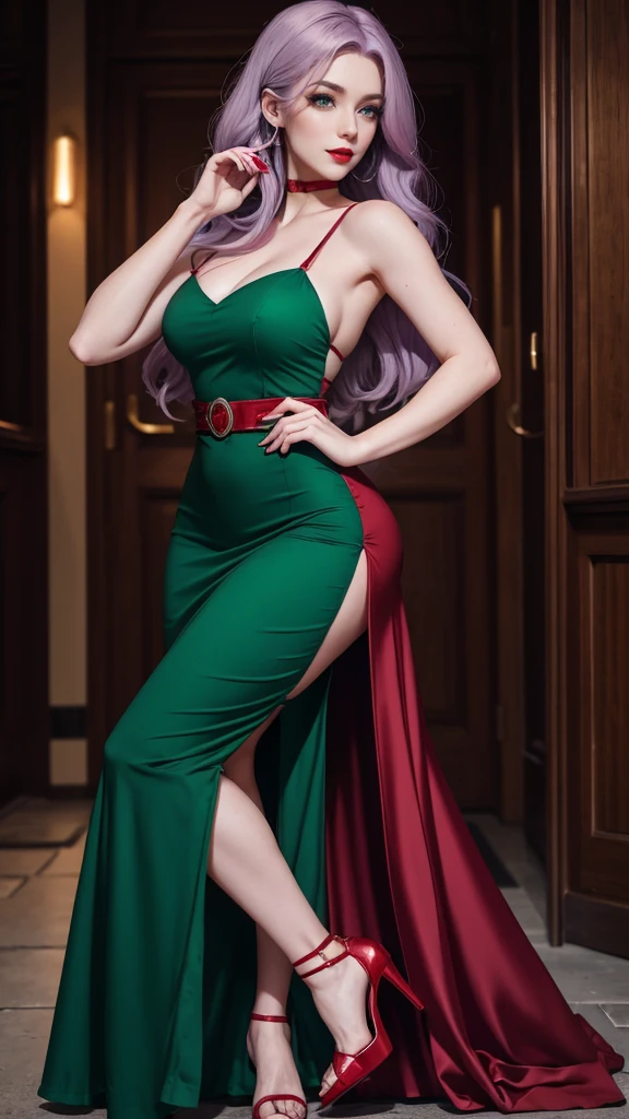 Irish woman, anime, modest, beautiful, high quality, night, 8k, long waist length light pale purple hair, green eyes, red lips, eyelashes, red long dress, red heels,