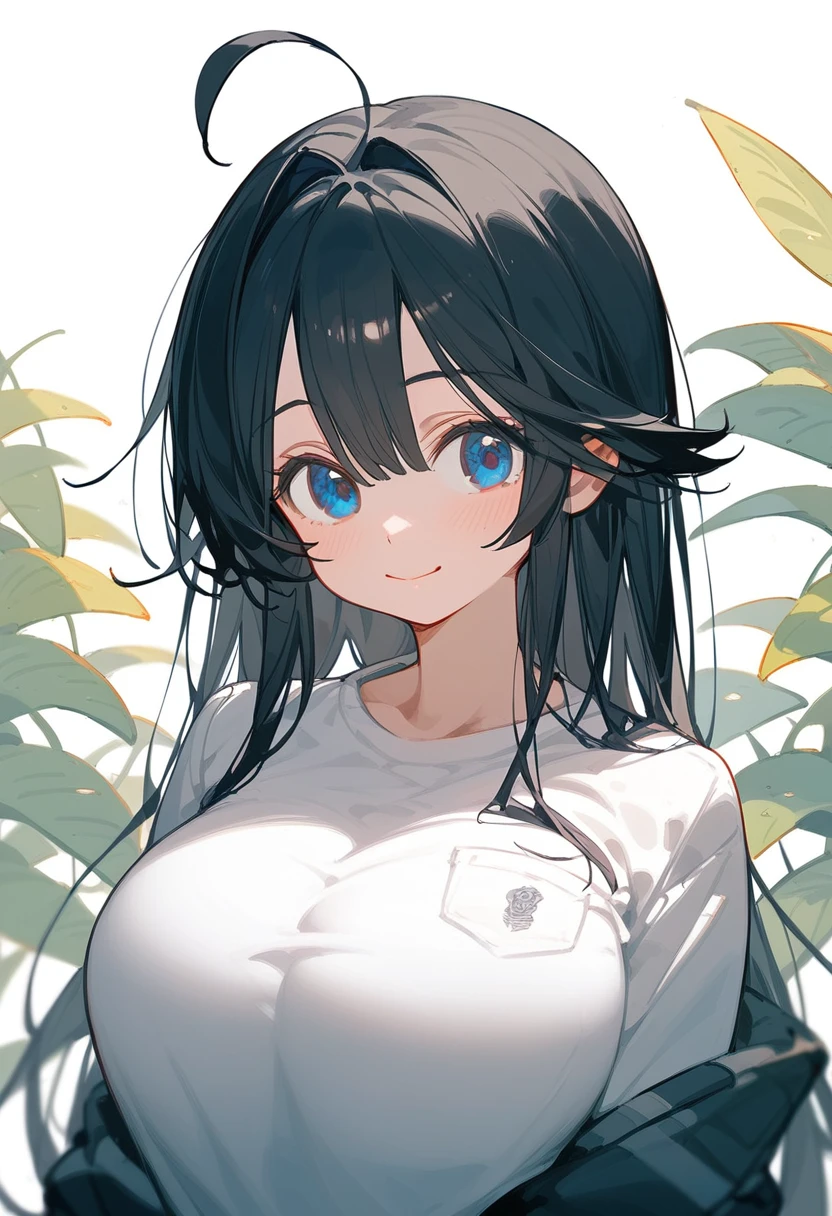 One Girl、Big Breasts、Black Hair、Long Hair、Straight Hair、Ahoge、high school student、smile、Dark blue eyes、Big eyes、shirt、Background School