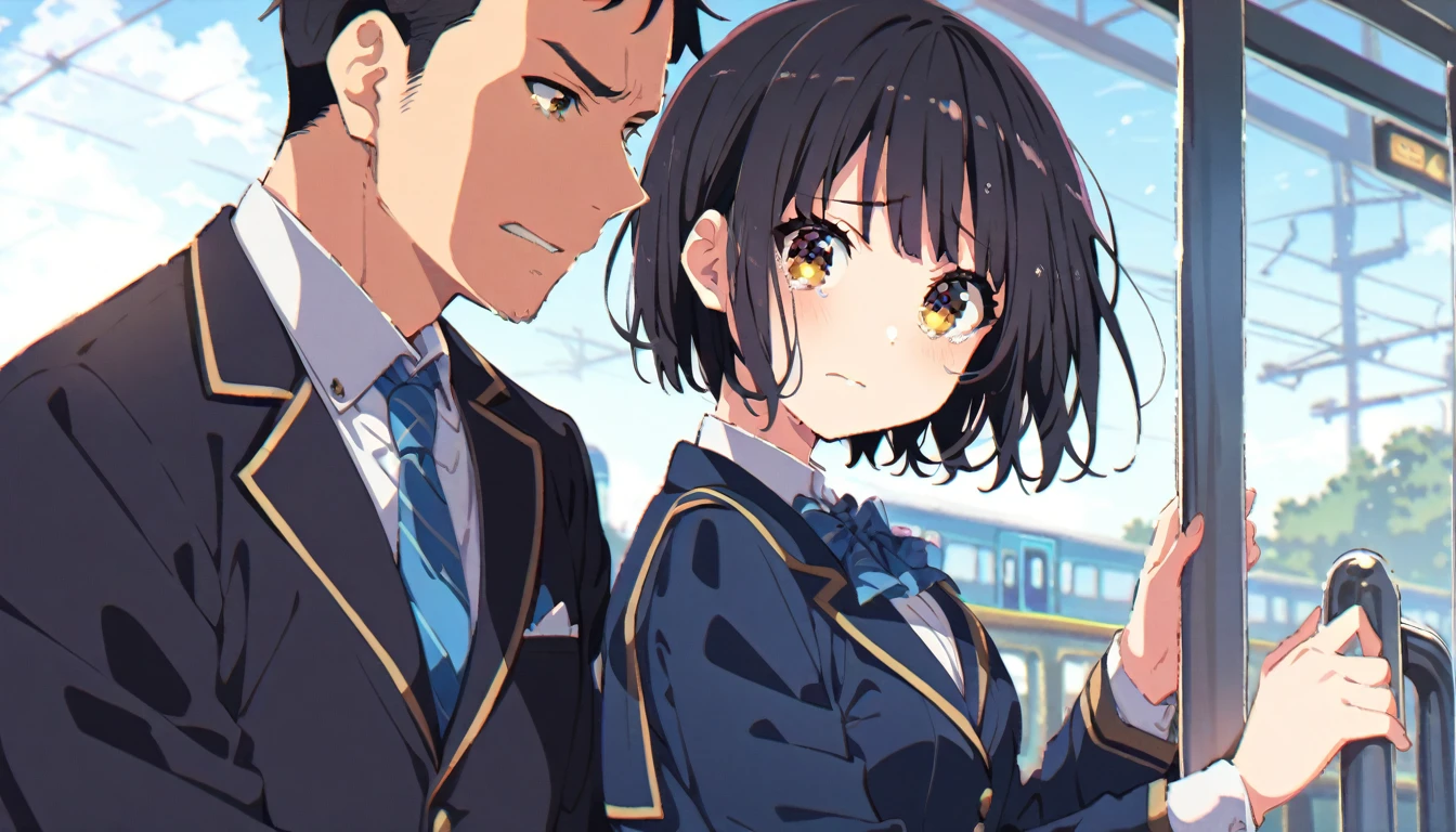 A middle-aged man is touching the buttocks of a crying girl in a blazer uniform with black bob hair from behind while she is holding on to the handrail of a train
