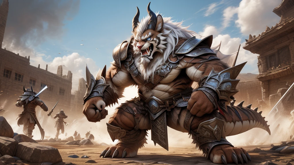 head、Animal cat face、A pair of dragon horns,Full body of fluffy white hair、Heavy breathing、Gnashing of teeth,Serious expression,Fluffy belly、Leather Armor,Viking style,wildcat、blue eyes,(contour)Full body covered with long white hair、Hairy body、Long and thick armpit hair、Fangs、4K,War Background,Sharp claws、Capture the composition of the whole body、 A sword,Hold the hilt of the sword in your left hand,Fighting Stance,HD