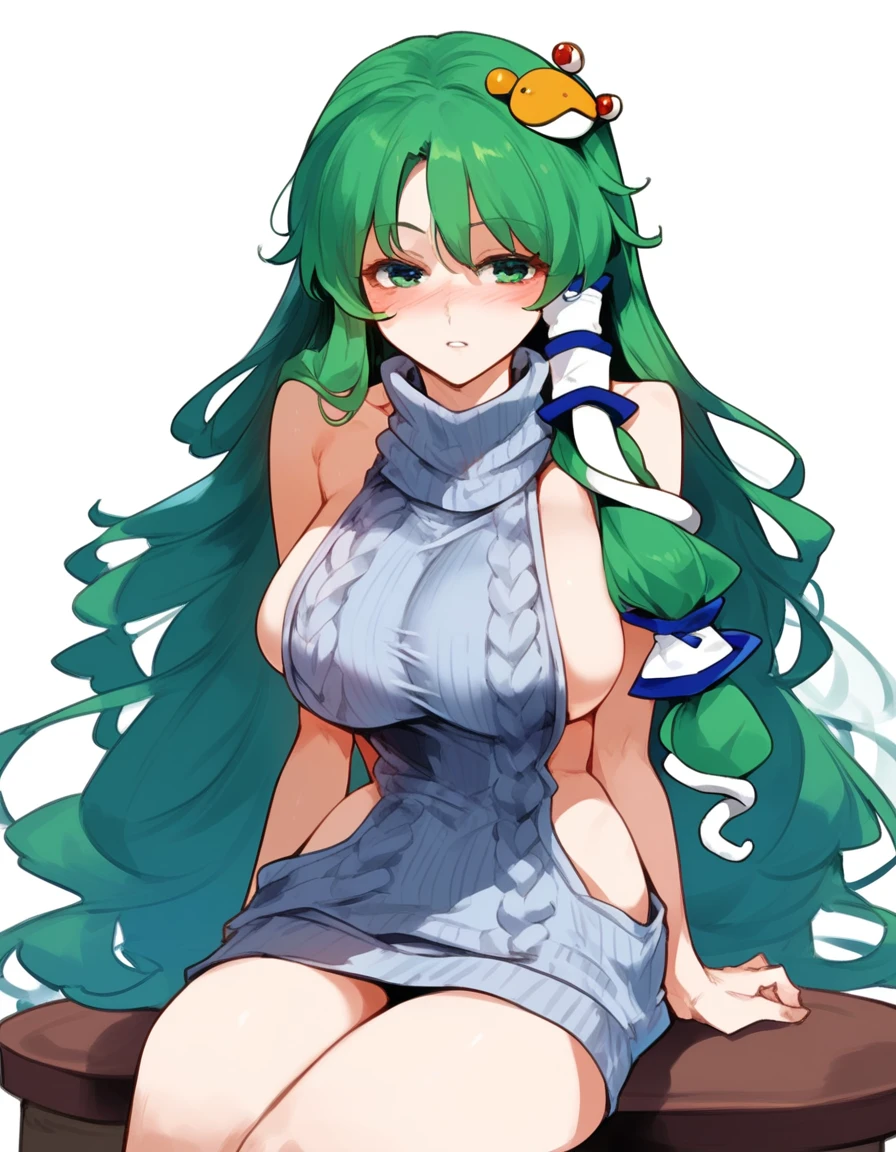 Expressive, score_9, score_8_up, score_9_up, Touhou, masterpiece, high quality, highly detailed, 1girl, kochiya sanae, solo, green hair, long hair, green eyes, long hair, big breasts, blush, round breasts,,,,,, frog hair ornament, hair tubes, snake hair ornament,,,, thin waist, sit on stool, white background,, virgin killer sweater,