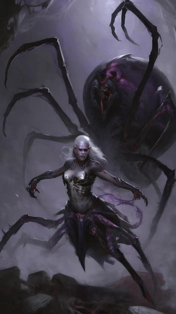 fantasy 4r4chn1d girl ,  solo, warrior, arachnid, angry, evil, character focus, white hair, purple skin, , weapon, claws, combat stance, attacking, fearsome, scary horror, atmospheric, concept art