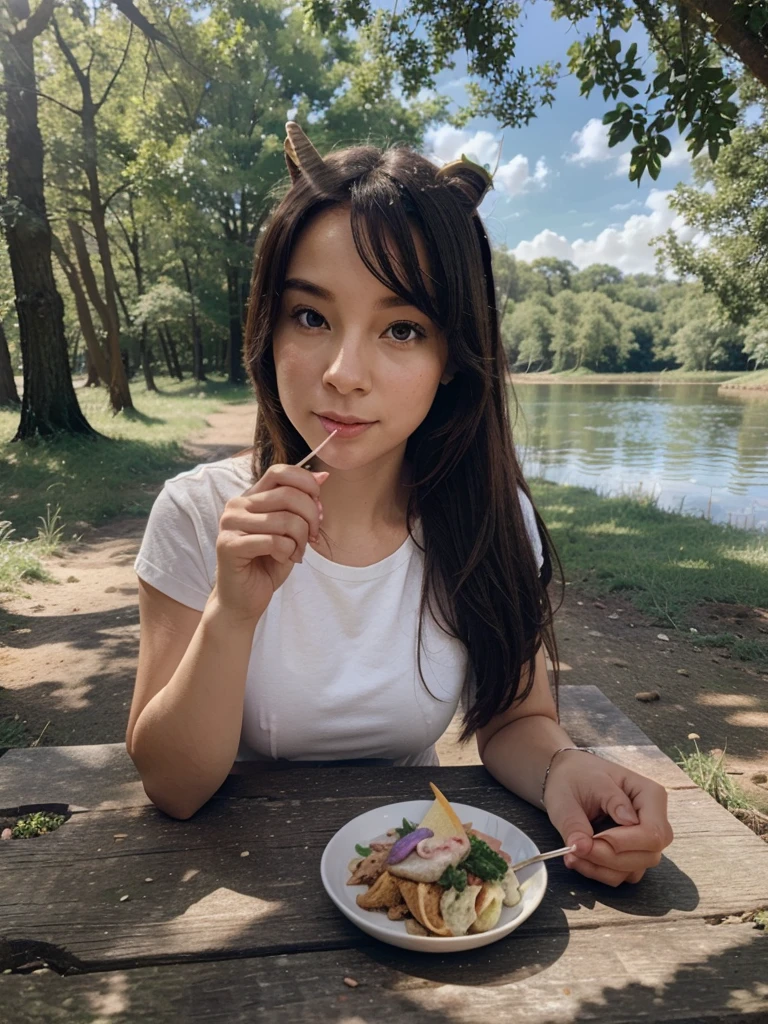 Draw a picture of a unicorn eating food in the forest on the shore of a lake