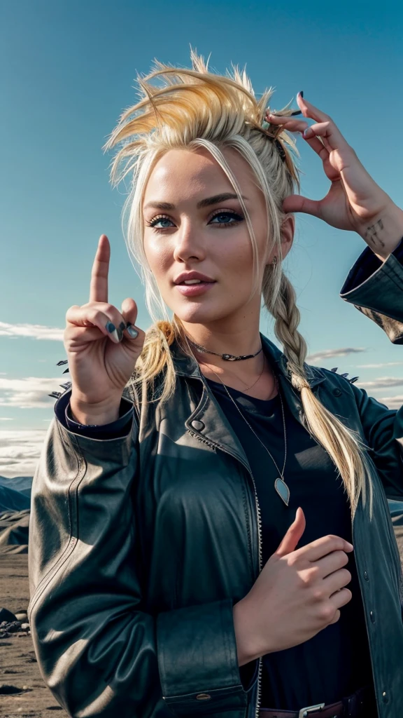 Blonde girl, her hand making the peace gesture with the index and middle fingers raised and separated to form a "V" shape, while the thumb, ring finger, and pinky are folded down. She is in a Mad Max outfit, post-apocalyptic style, with a punk hairstyle, in a Norwegian landscape. Realistic photo, dark and moody.