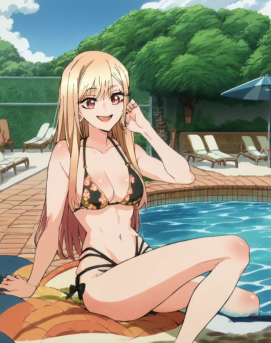 anime, Marine Kitagawa, Swimwear, 8K, high quality, Pool, smile