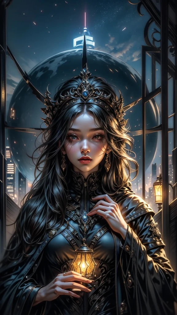 Glass dome, a woman Admiring the dome, illuminated fantasy city, light behind the woman, against light, hyper details, maximum resolution 32k ultra, UHD, masterpiece, exaggerated lights, fantasy city, art style,