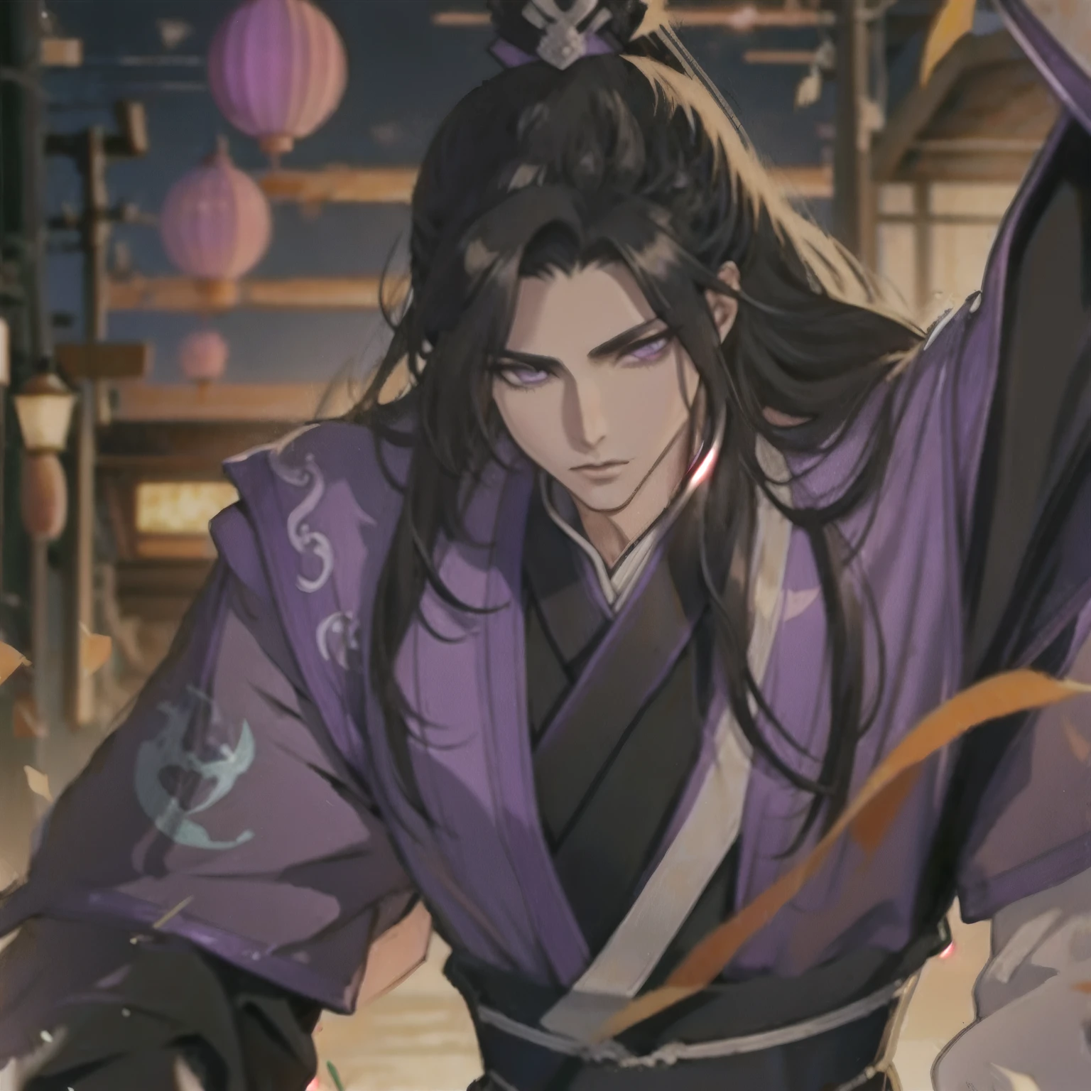 (masterpiece, best quality:1.2), 1male, solo, jiang cheng, mo dao zu shi, mdzs, purple and black clothes, purple eyes, long black hair, perfect anatomy