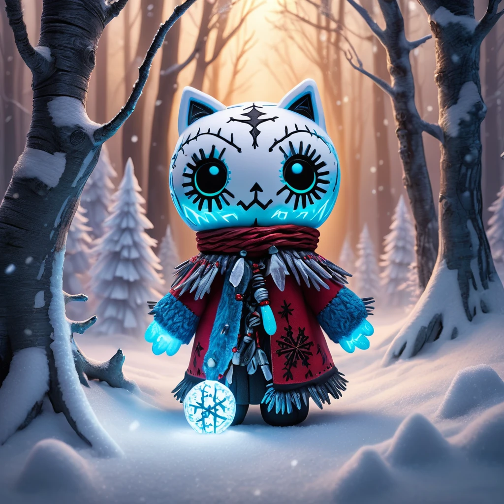 (knitted toy voodoo doll:1.8), (Voodoo Lynx Border Keeper:1.1), (Clothing: snowy cloak with icy patterns:1.0), (Accessories: enchanted ice orb emitting cold mist, levitating snowflakes:1.1), (background: snowy forest with frosty trees, glowing icicles, and floating snowflakes:1.2), best quality, masterpiece, detailed soft oil painting, detailed background, dramatic cinematic lighting, soft edge lighting, professional, dramatic lighting, hard edge lighting, ultra quality, 4k, masterpiece, best quality, 8k, ultra high definition, high resolution, extremely detailed
