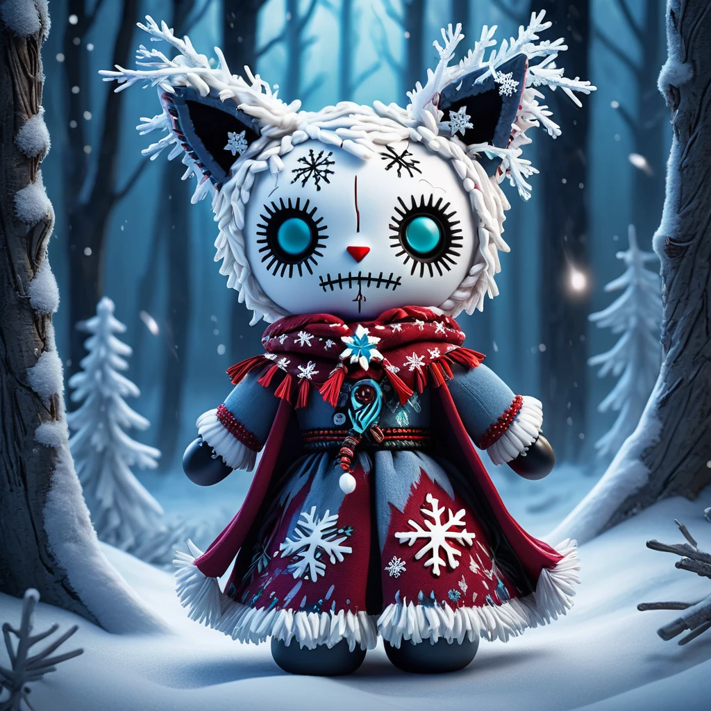 (knitted toy voodoo doll:1.8), (Voodoo Lynx Border Keeper:1.1), (Clothing: snowy cloak with icy patterns:1.0), (Accessories: enchanted ice orb emitting cold mist, levitating snowflakes:1.1), (background: snowy forest with frosty trees, glowing icicles, and floating snowflakes:1.2), best quality, masterpiece, detailed soft oil painting, detailed background, dramatic cinematic lighting, soft edge lighting, professional, dramatic lighting, hard edge lighting, ultra quality, 4k, masterpiece, best quality, 8k, ultra high definition, high resolution, extremely detailed