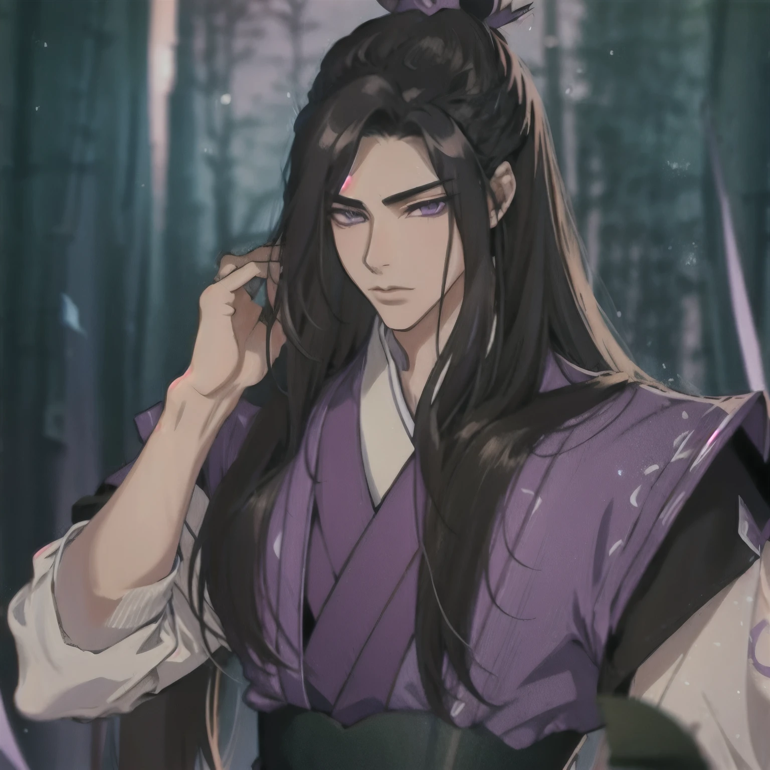 (masterpiece, best quality:1.2), 1male, solo, jiang cheng, mo dao zu shi, mdzs, purple and black clothes, purple eyes, long black hair, perfect ???????