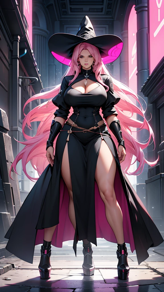 older woman, in their 30s, with long pink hair and tall, curvy body seen from behind, standing backwards, breasts big, Breasts huge, (work of art, best qualityer:1.2) wearing the legendary great black dress of the mystical sorceress, Big witch hat, standing alone, alone, cybernetic tattoo, pink massive hair
