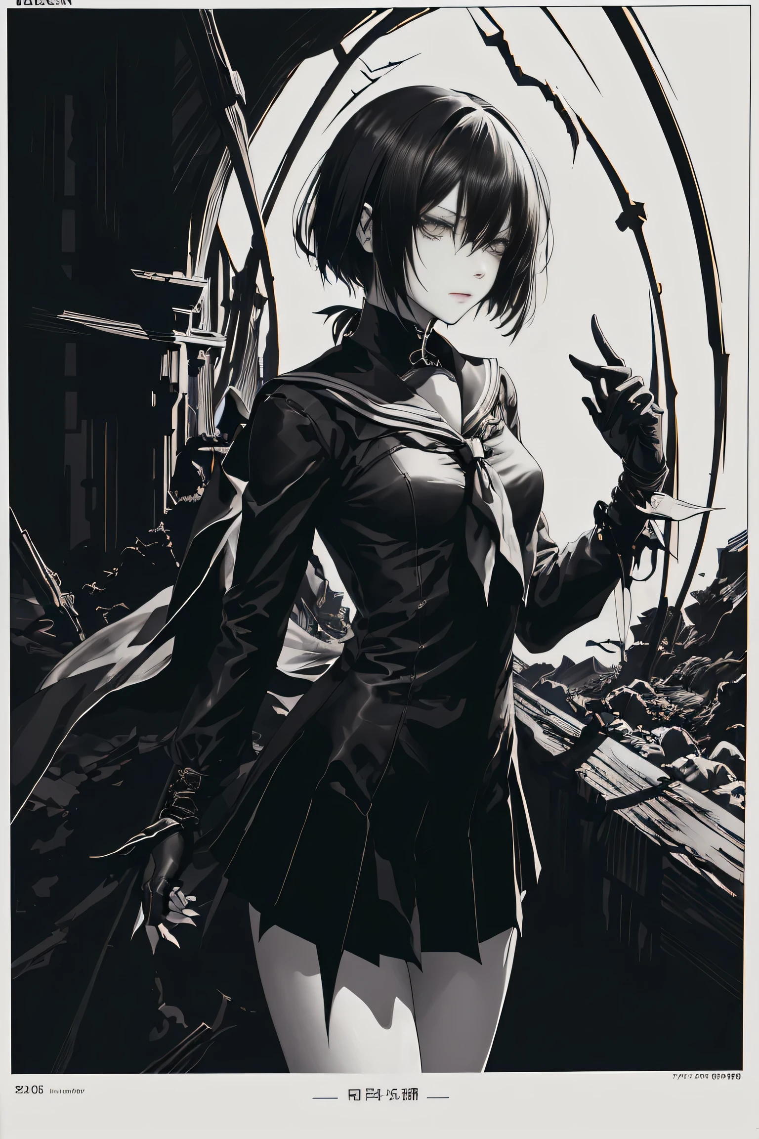 v5lcn style,ink art,(Best Quality,masutepiece:1.2),(black and white comic core:1.1),(extreme high contrast),Dark ink,1girl in,A dark-haired,Shadow on face、8K,resolution,High School Girl,Sailor Uniform,