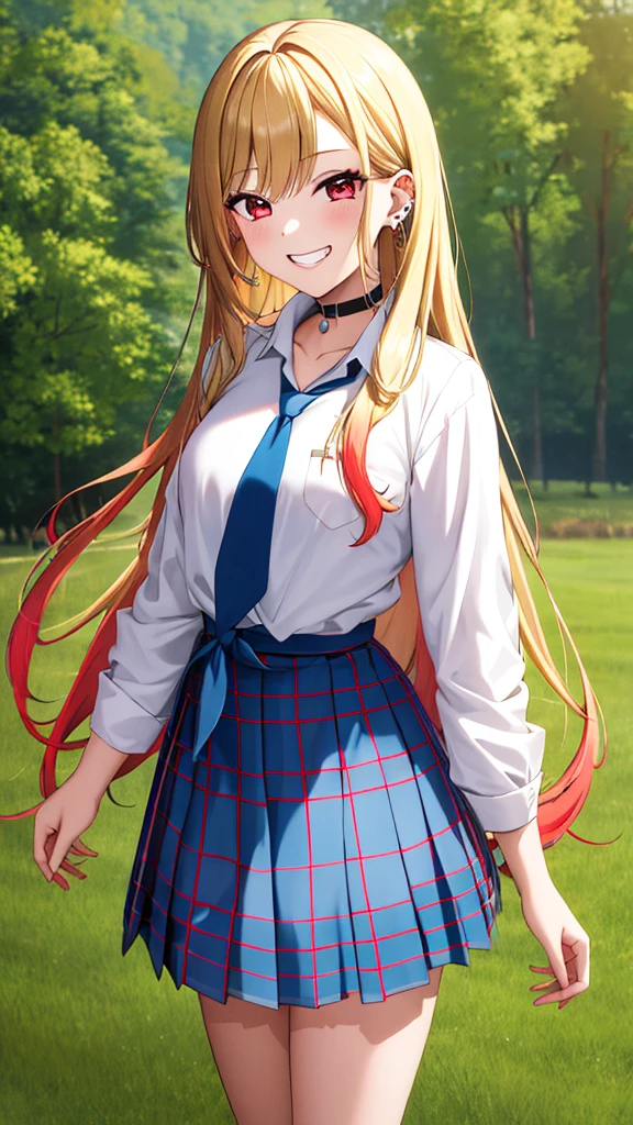 masterpiece, best quality, highres, kitagawa marin, 1girl, blonde hair, long hair, multicolored hair, red eyes, jewelry, earrings, piercing, , white shirt, tied shirt, black choker, blue necktie, plaid skirt, grin, smile, standing, cowboy shot, outdoors,