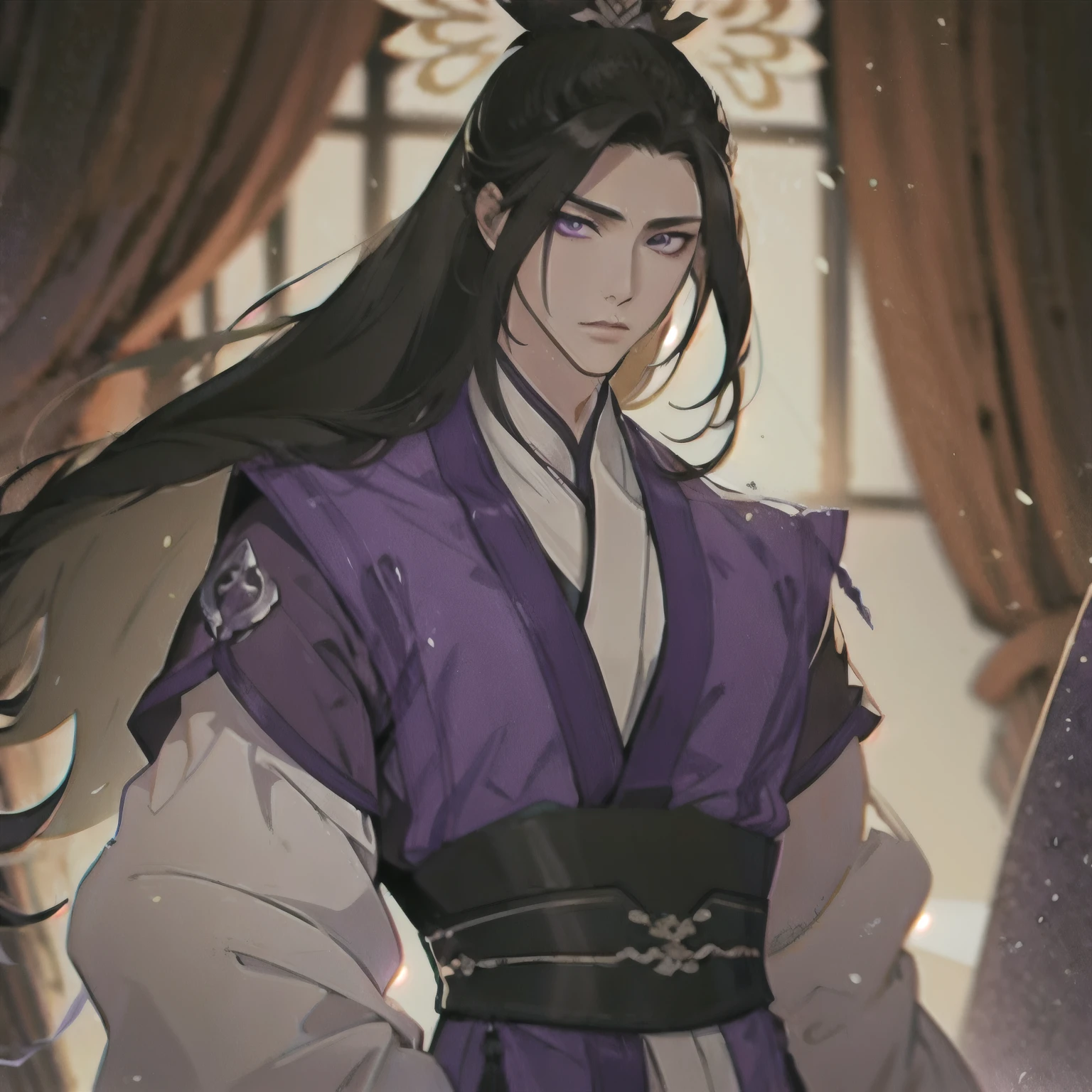 (masterpiece, best quality:1.2), 1male, solo, jiang cheng, mo dao zu shi, mdzs, purple and black clothes, purple eyes, long black hair, perfect anatomy