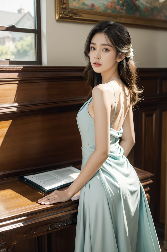 (((best quality))),(((ultra detailed))),(((masterpiece))),illustration,1girl,high school girl,solo,slim,thin,summer,sunshine,luxurious classroom,anticipation,beautiful,elegant,desk,college application form,sleeveless dress,light blue,summer sky,delicate floral pattern,shoulder length straight hair,sunlight,shimmering aura,fair skin,smooth skin,deep green eyes,luxury,plush leather chairs,richly patterned walls,state-of-the-art technology,open windows,summer breeze,freshly mown grass,distant bird songs,graceful movements,precise movements,serene face,focus,determination,dreams,s,journey,fulfill academic goals,portrait,resilience,hope,future,courage,confidence,from back,upper body,bare back,towering hips,butt crack
