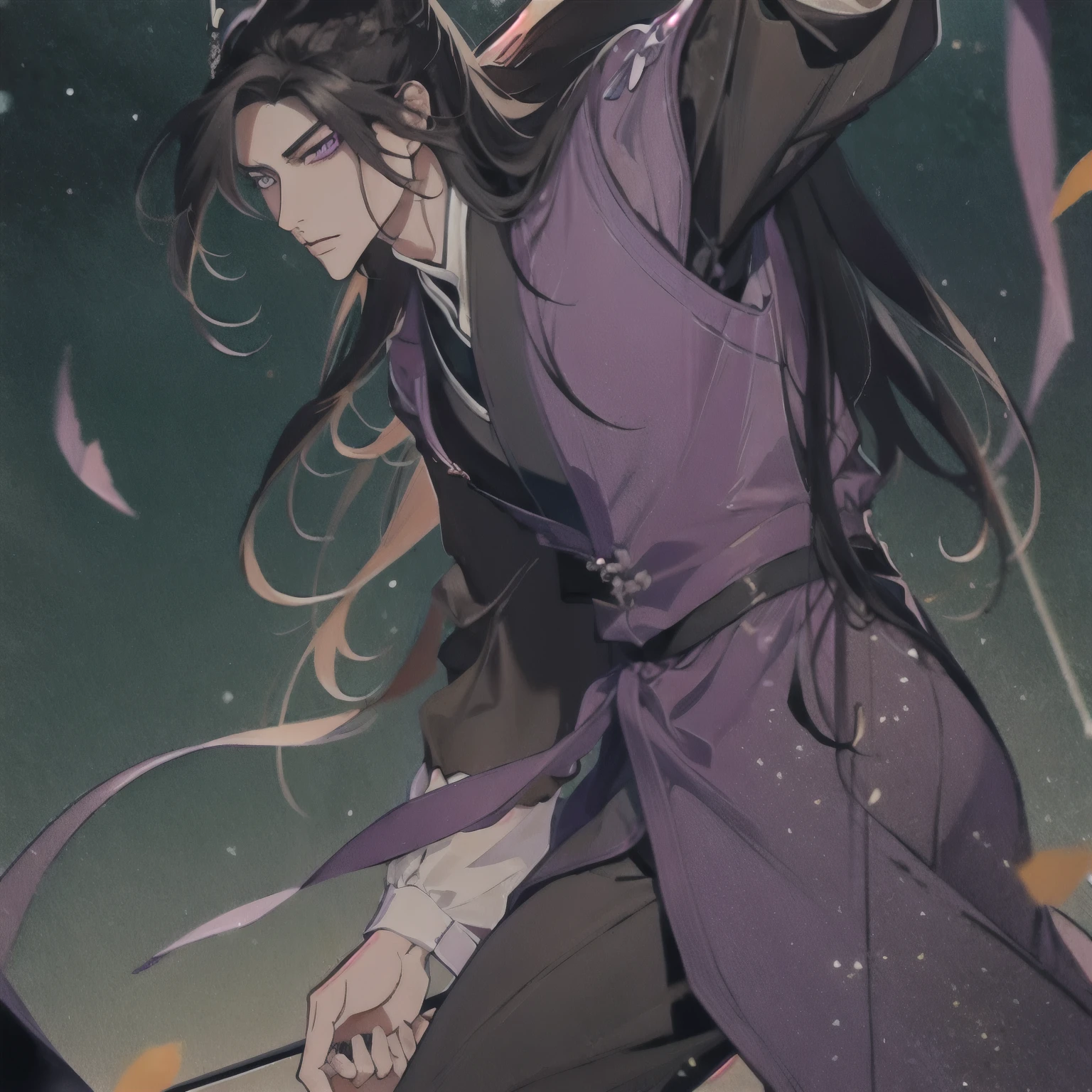 (masterpiece, best quality:1.2), 1male, solo, jiang cheng, mo dao zu shi, mdzs, purple and black clothes, purple eyes, long black hair, perfect anatomy